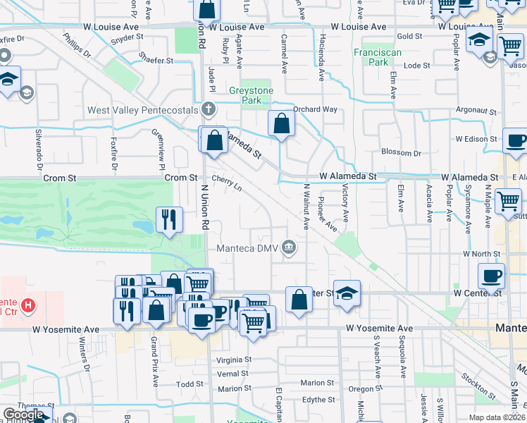 map of restaurants, bars, coffee shops, grocery stores, and more near 393 Cherry Lane in Manteca