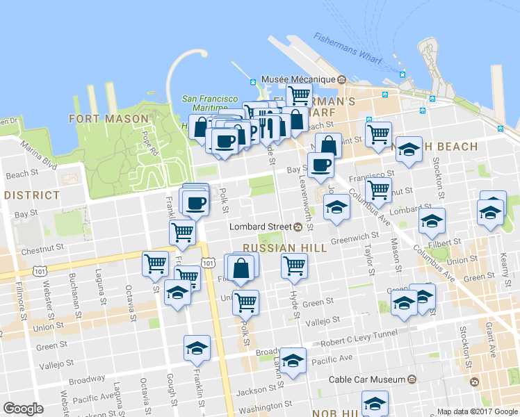 map of restaurants, bars, coffee shops, grocery stores, and more near 1056 Chestnut Street in San Francisco