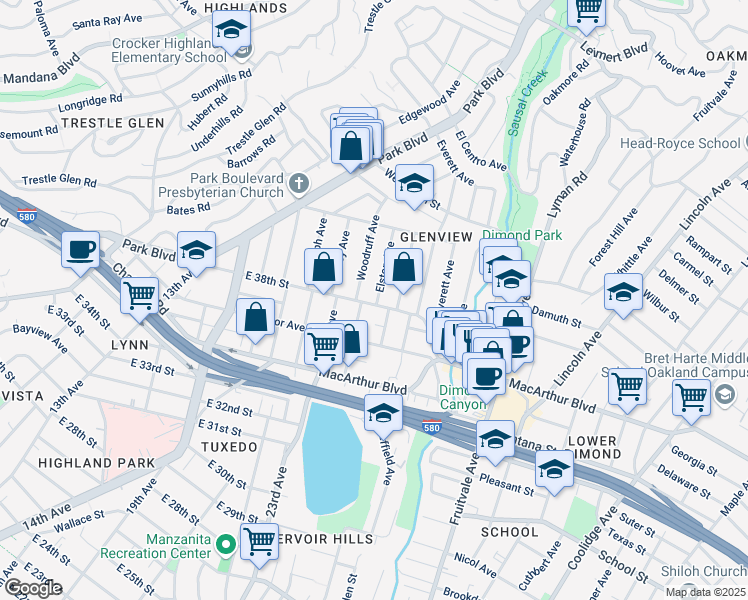 map of restaurants, bars, coffee shops, grocery stores, and more near 3801 Elston Avenue in Oakland