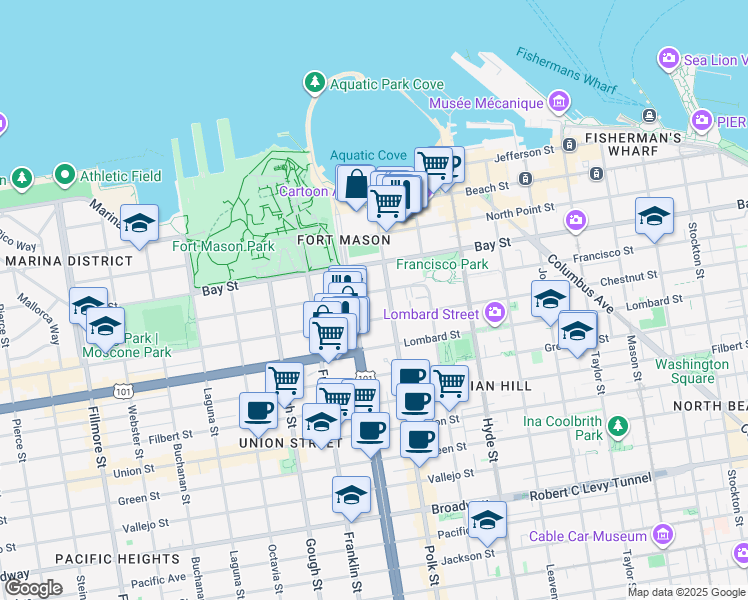 map of restaurants, bars, coffee shops, grocery stores, and more near 1135 Francisco Street in San Francisco