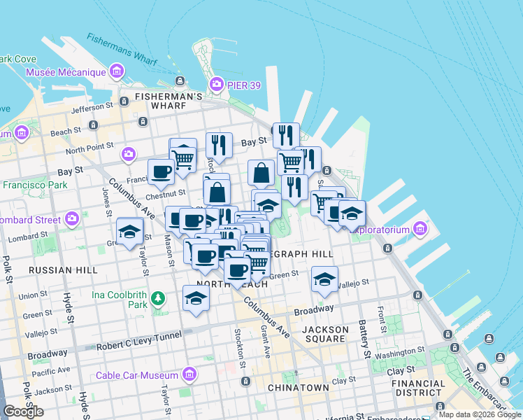 map of restaurants, bars, coffee shops, grocery stores, and more near 425 Greenwich Street in San Francisco