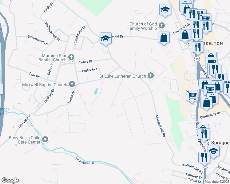 map of restaurants, bars, coffee shops, grocery stores, and more near 122 N Forrest Rd in Beckley