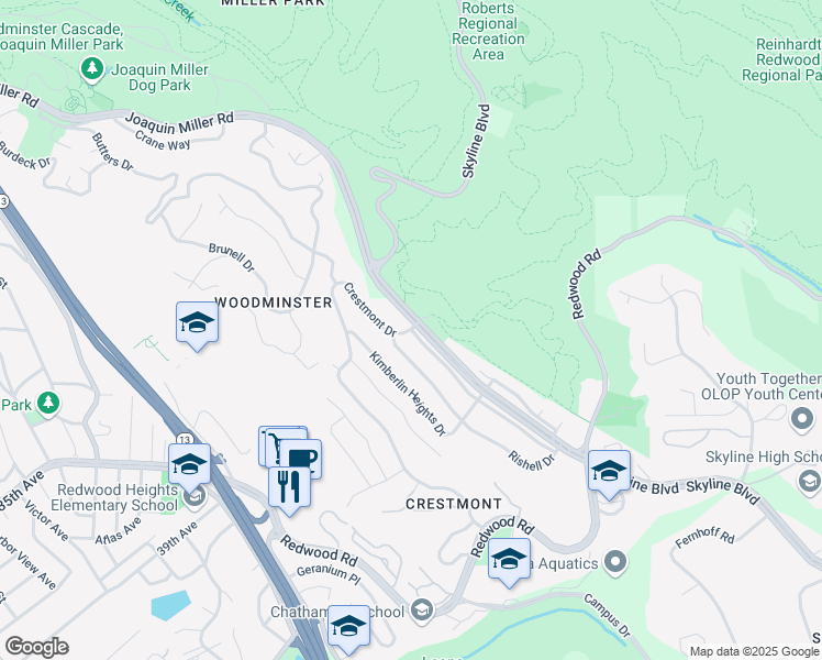 map of restaurants, bars, coffee shops, grocery stores, and more near 2 Crestmont Drive in Oakland