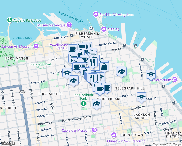 map of restaurants, bars, coffee shops, grocery stores, and more near 640 Lombard Street in San Francisco