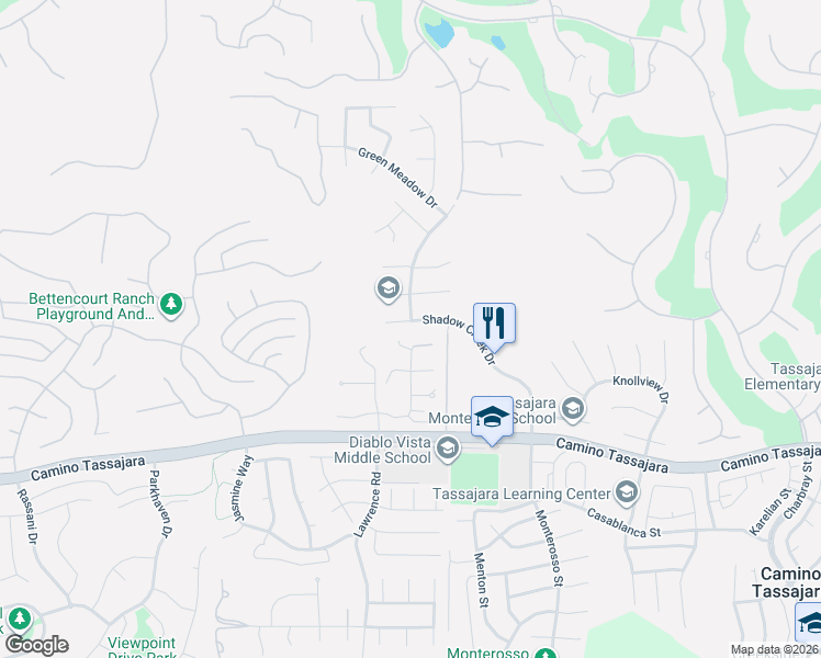 map of restaurants, bars, coffee shops, grocery stores, and more near 3476 Shadow Creek Drive in Danville