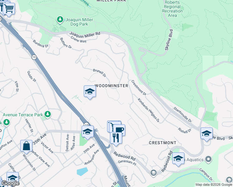 map of restaurants, bars, coffee shops, grocery stores, and more near 3625 Brunell Drive in Oakland