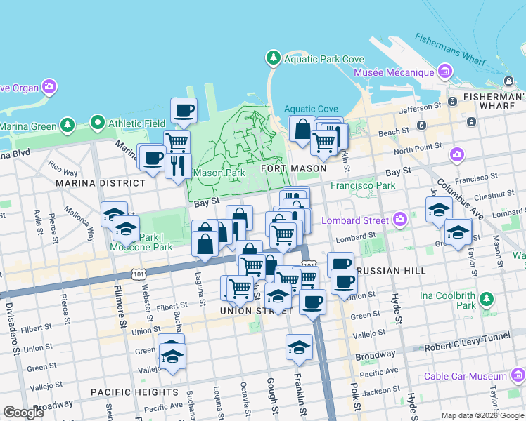 map of restaurants, bars, coffee shops, grocery stores, and more near 1308 Francisco Street in San Francisco