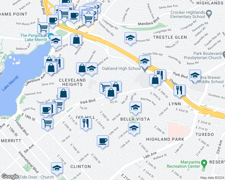 map of restaurants, bars, coffee shops, grocery stores, and more near 869 Cleveland Street in Oakland