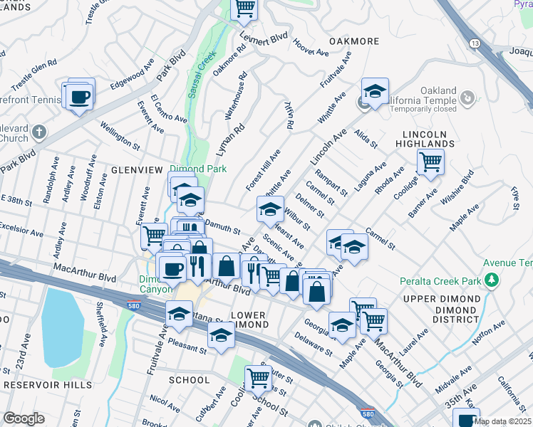 map of restaurants, bars, coffee shops, grocery stores, and more near in Oakland