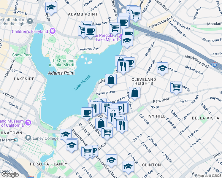 map of restaurants, bars, coffee shops, grocery stores, and more near 315 Hanover Avenue in Oakland
