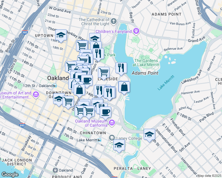 map of restaurants, bars, coffee shops, grocery stores, and more near 1551 Madison Street in Oakland