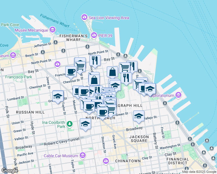 map of restaurants, bars, coffee shops, grocery stores, and more near 425 Greenwich Street in San Francisco