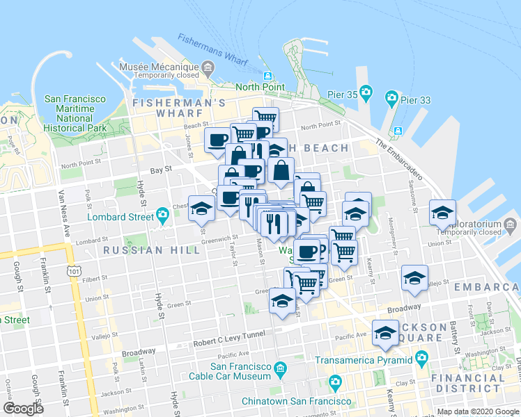 map of restaurants, bars, coffee shops, grocery stores, and more near 640 Lombard Street in San Francisco