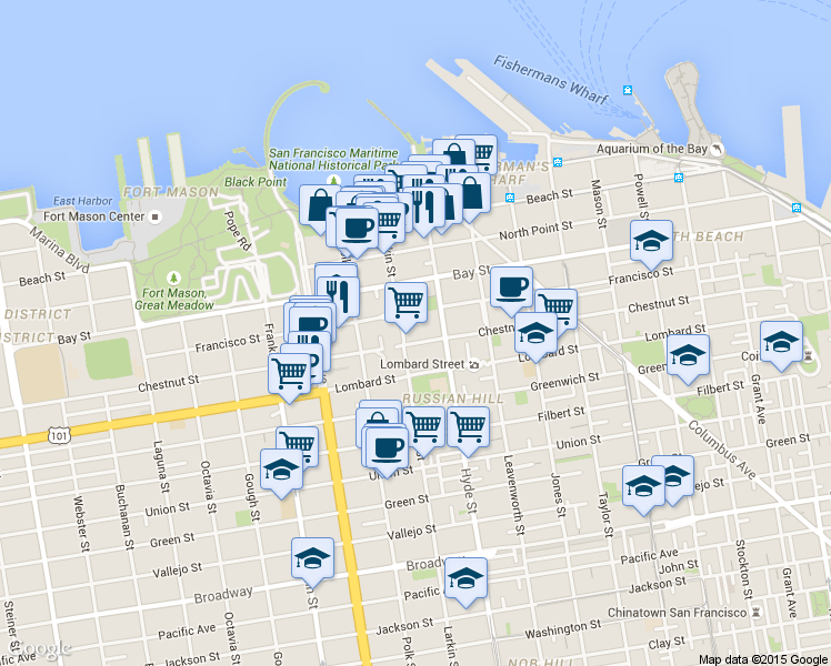 map of restaurants, bars, coffee shops, grocery stores, and more near 1056 Chestnut Street in San Francisco