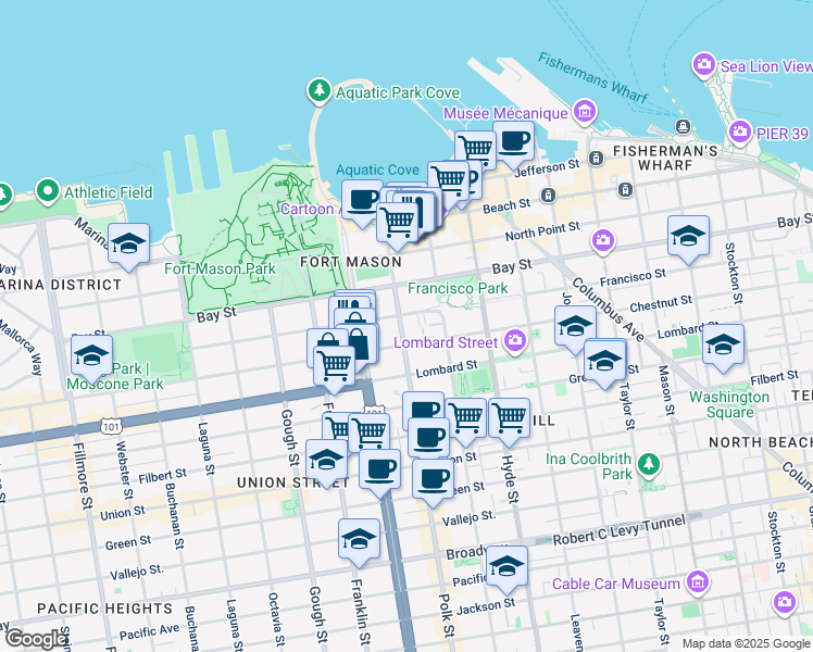 map of restaurants, bars, coffee shops, grocery stores, and more near 131 Culebra Terrace in San Francisco