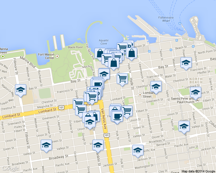 map of restaurants, bars, coffee shops, grocery stores, and more near 1135 Francisco Street in San Francisco