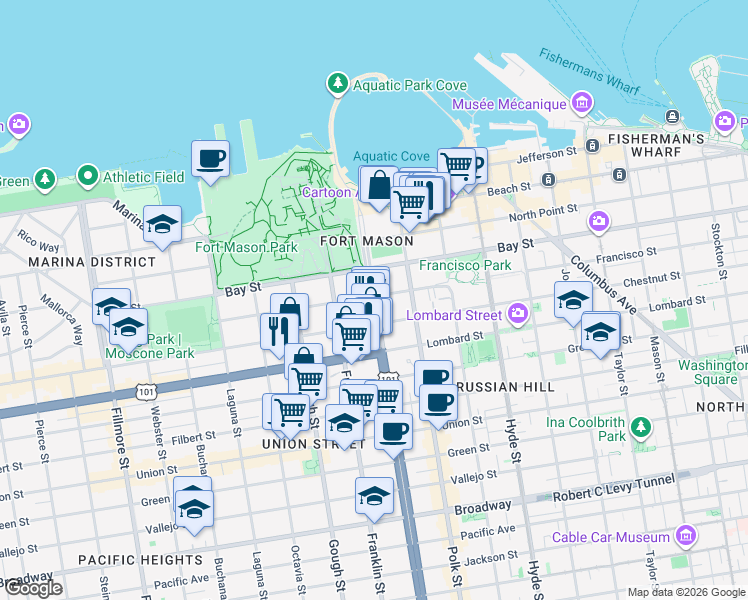 map of restaurants, bars, coffee shops, grocery stores, and more near 13 Francisco Street in San Francisco