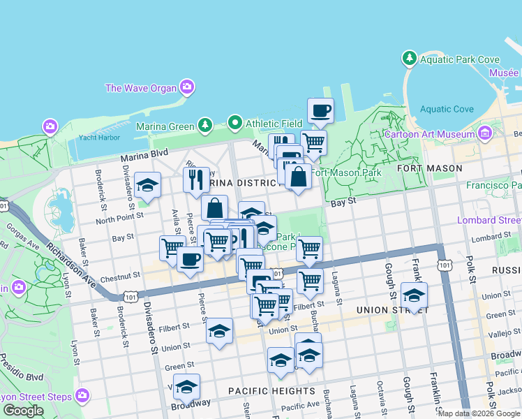 map of restaurants, bars, coffee shops, grocery stores, and more near in San Francisco