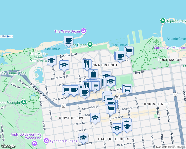 map of restaurants, bars, coffee shops, grocery stores, and more near 10 Capra Way in San Francisco