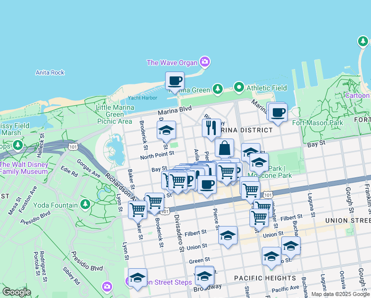 map of restaurants, bars, coffee shops, grocery stores, and more near 2100 North Point Street in San Francisco