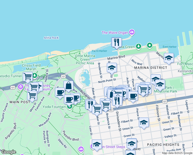 map of restaurants, bars, coffee shops, grocery stores, and more near 2275 Beach Street in San Francisco
