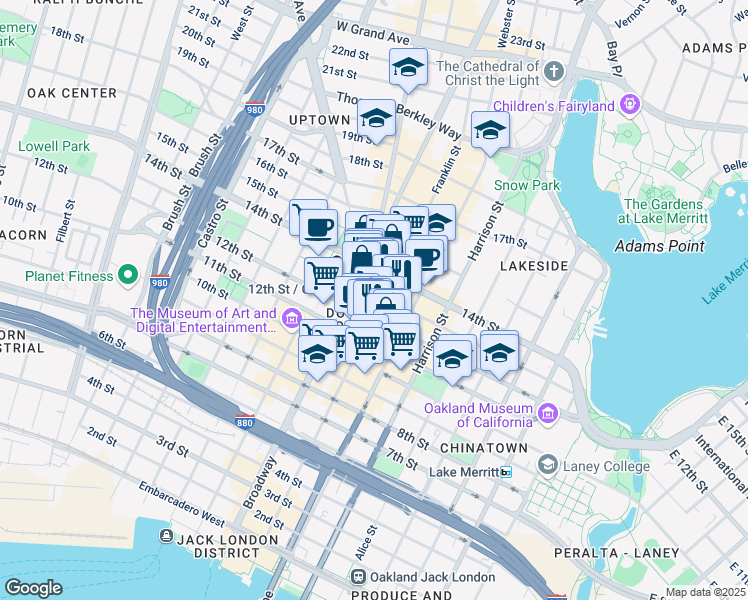 map of restaurants, bars, coffee shops, grocery stores, and more near in Oakland