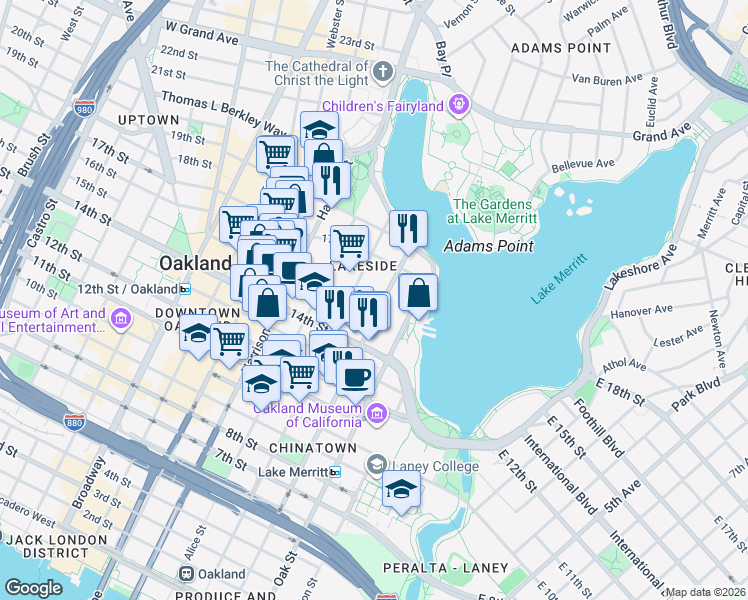 map of restaurants, bars, coffee shops, grocery stores, and more near in Oakland