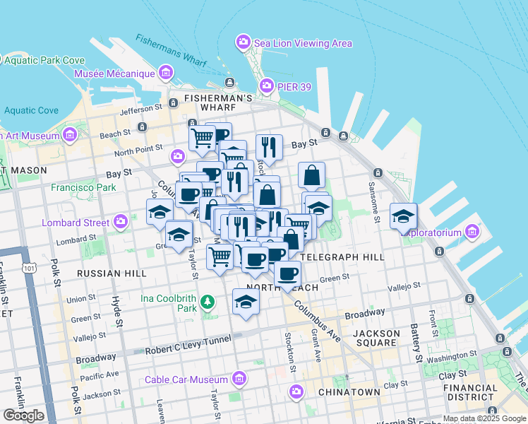 map of restaurants, bars, coffee shops, grocery stores, and more near 636 Greenwich Street in San Francisco