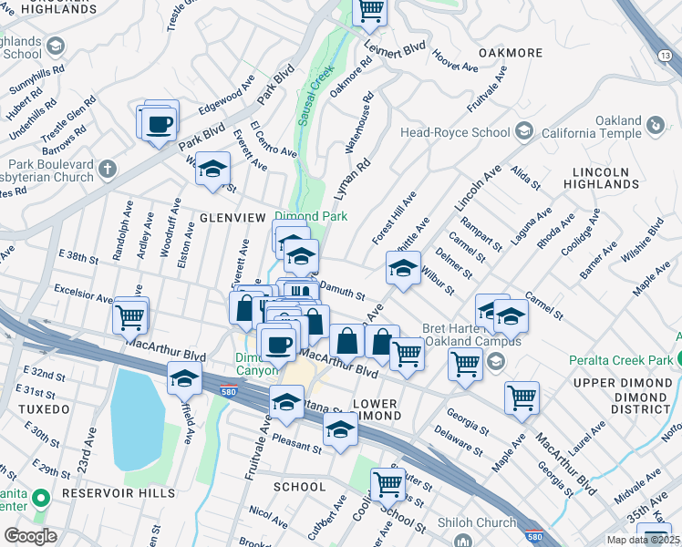 map of restaurants, bars, coffee shops, grocery stores, and more near 3768 Fruitvale Avenue in Oakland