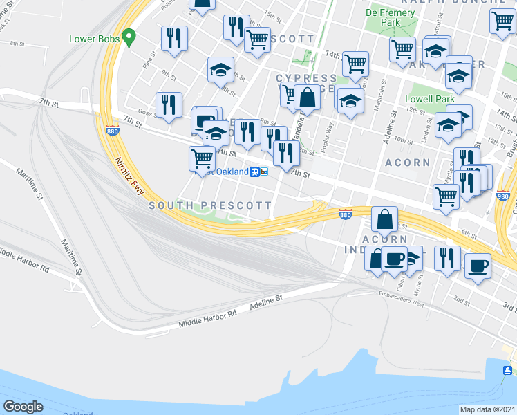 map of restaurants, bars, coffee shops, grocery stores, and more near 326 Center Street in Oakland