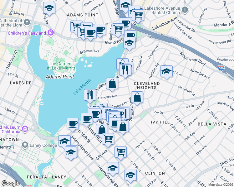 map of restaurants, bars, coffee shops, grocery stores, and more near 335 Hanover Avenue in Oakland