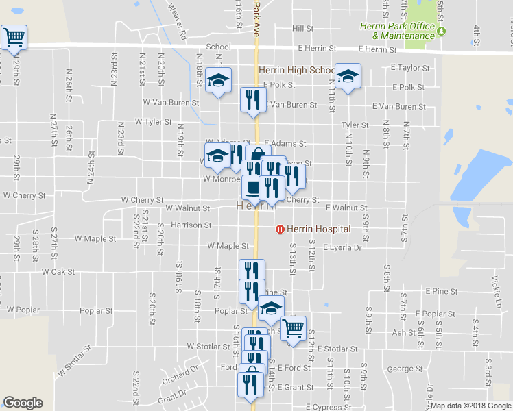 map of restaurants, bars, coffee shops, grocery stores, and more near 36 North Park Avenue in Herrin