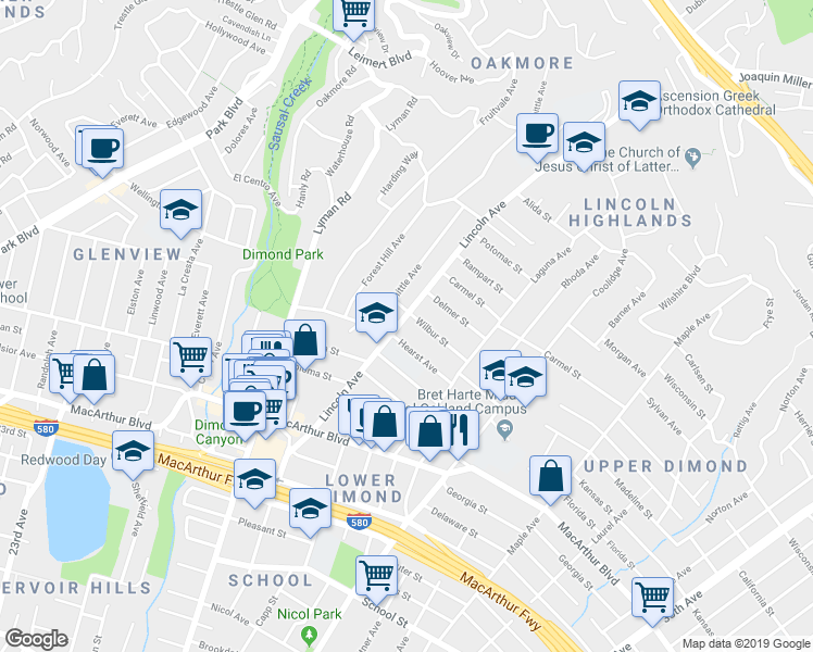 map of restaurants, bars, coffee shops, grocery stores, and more near 3826 Lincoln Avenue in Oakland