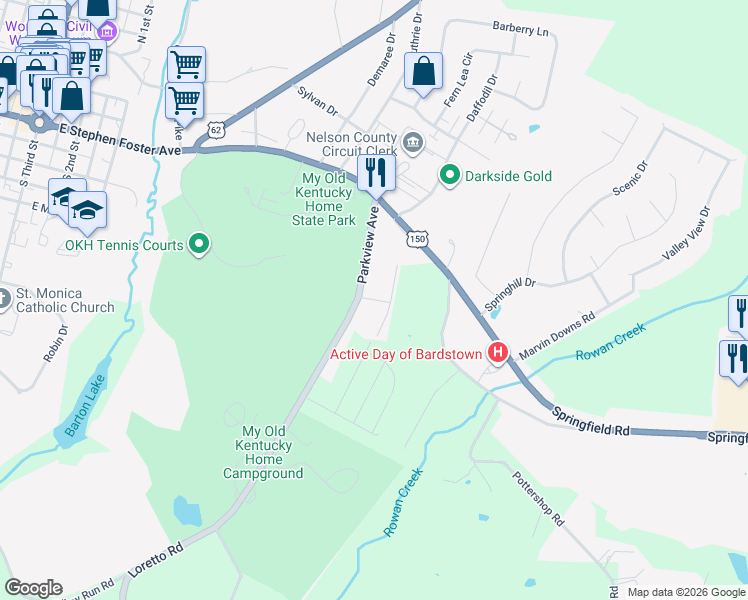 map of restaurants, bars, coffee shops, grocery stores, and more near Eastview Avenue in Bardstown