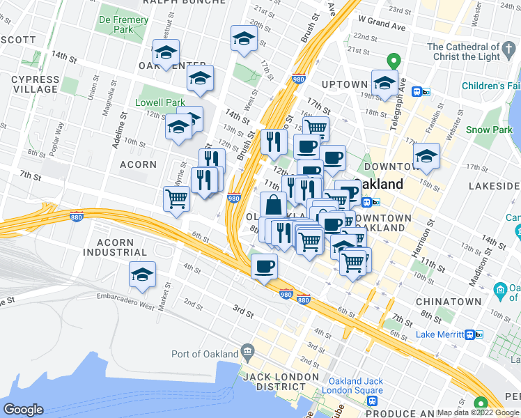 map of restaurants, bars, coffee shops, grocery stores, and more near 666 9th Street in Oakland
