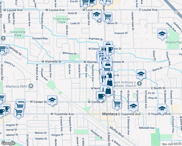 map of restaurants, bars, coffee shops, grocery stores, and more near 423 Sycamore Avenue in Manteca