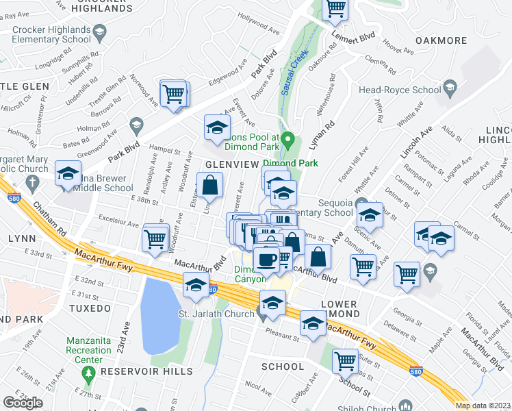 map of restaurants, bars, coffee shops, grocery stores, and more near 3900 Canon Avenue in Oakland