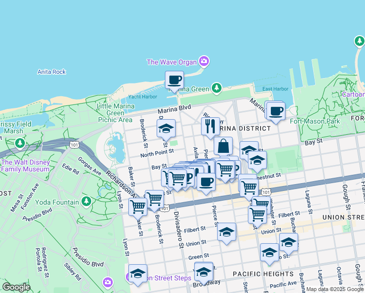 map of restaurants, bars, coffee shops, grocery stores, and more near 2100 North Point Street in San Francisco