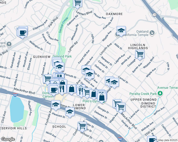 map of restaurants, bars, coffee shops, grocery stores, and more near 3826 Lincoln Avenue in Oakland