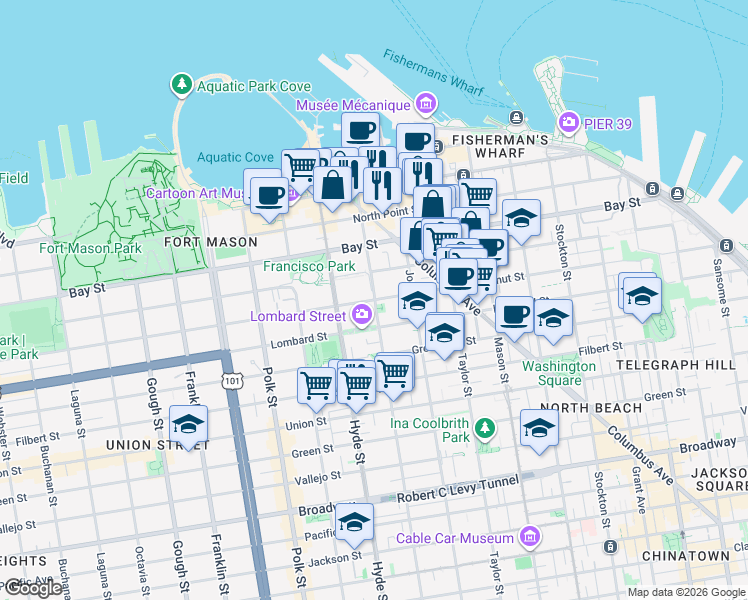 map of restaurants, bars, coffee shops, grocery stores, and more near Chestnut St & Leavenworth St in San Francisco