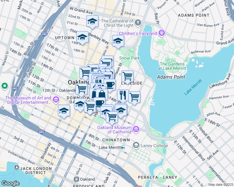 map of restaurants, bars, coffee shops, grocery stores, and more near 1429 Alice Street in Oakland
