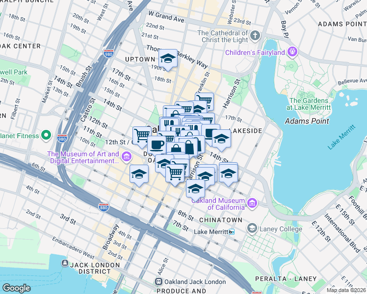 map of restaurants, bars, coffee shops, grocery stores, and more near 385 14th Street in Oakland