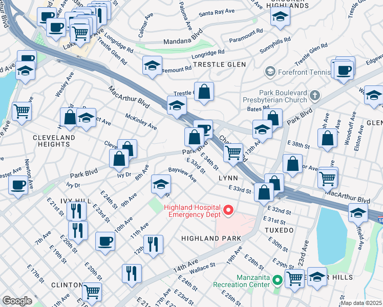 map of restaurants, bars, coffee shops, grocery stores, and more near 1008 East 33rd Street in Oakland