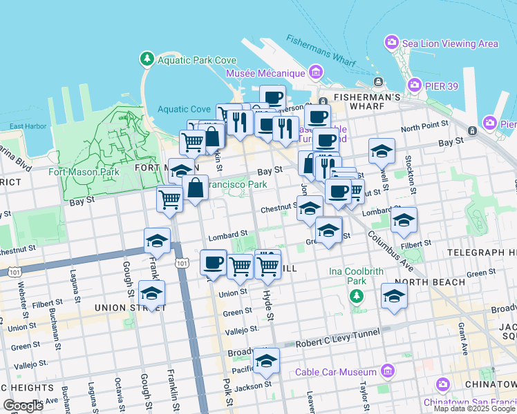 map of restaurants, bars, coffee shops, grocery stores, and more near 990 Chestnut Street in San Francisco