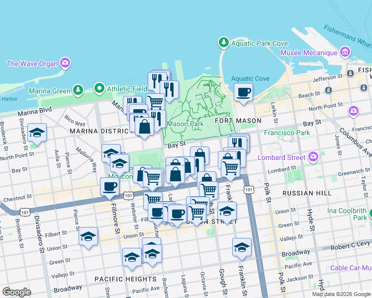 map of restaurants, bars, coffee shops, grocery stores, and more near 3321 Octavia Street in San Francisco