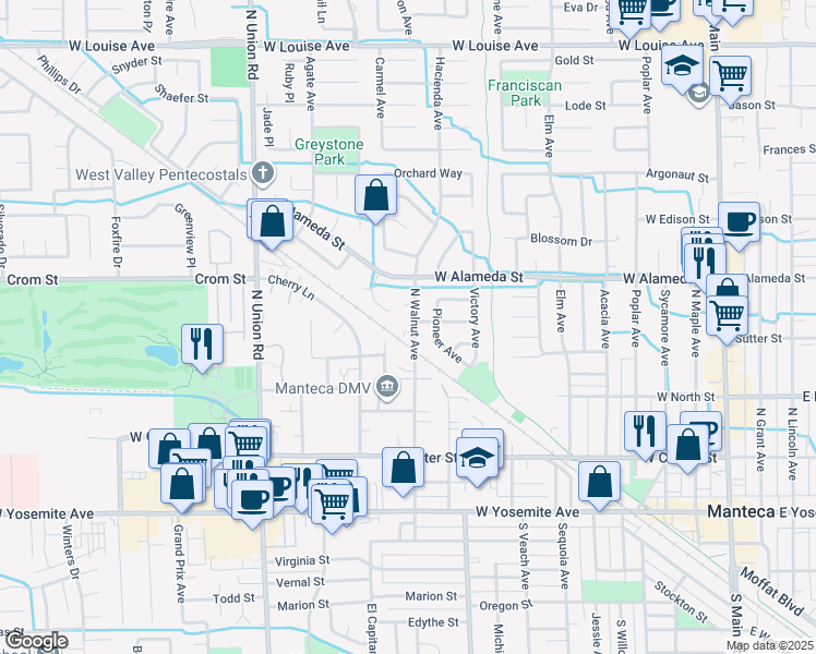 map of restaurants, bars, coffee shops, grocery stores, and more near 415 North Walnut Avenue in Manteca