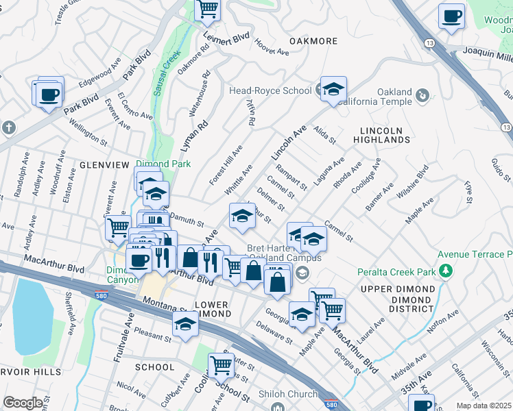 map of restaurants, bars, coffee shops, grocery stores, and more near 2440 Wilbur Street in Oakland