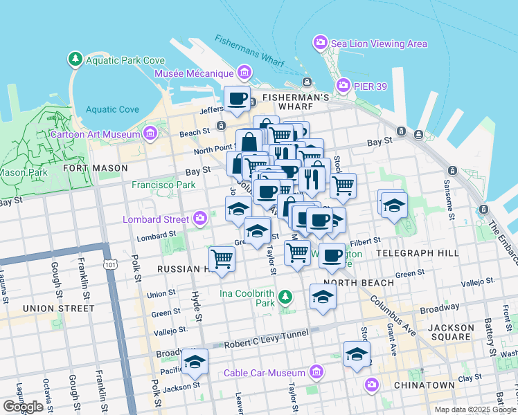 map of restaurants, bars, coffee shops, grocery stores, and more near in San Francisco