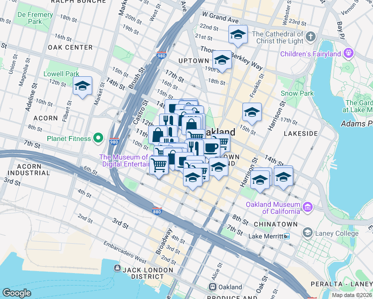 map of restaurants, bars, coffee shops, grocery stores, and more near 510 11th Street in Oakland