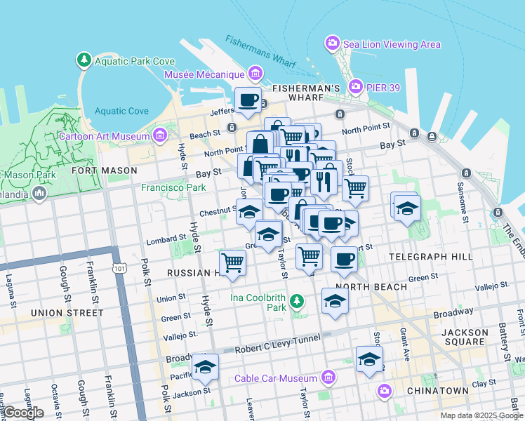 map of restaurants, bars, coffee shops, grocery stores, and more near 2221 Taylor Street in San Francisco